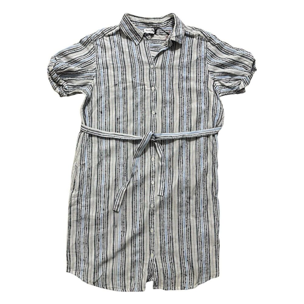 Michael Stars Medium Shirt Dress Tie Belt Short Sleeve Blue Striped Cotton NWOT